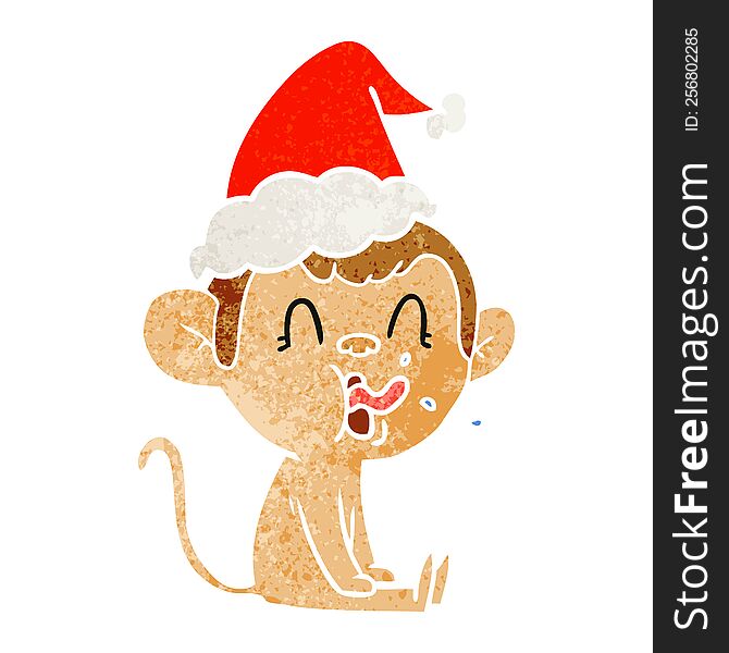 crazy hand drawn retro cartoon of a monkey sitting wearing santa hat. crazy hand drawn retro cartoon of a monkey sitting wearing santa hat