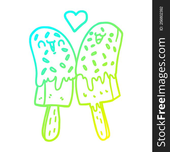 cold gradient line drawing of a cartoon ice lolly in love