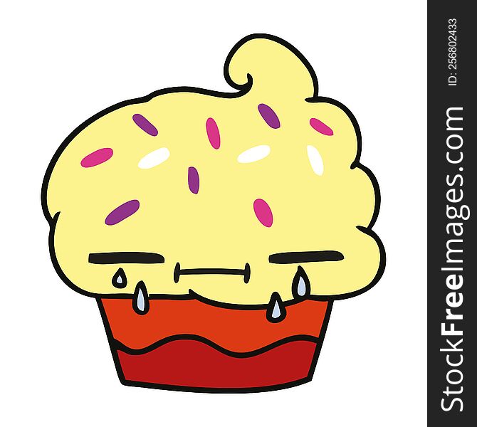 freehand drawn cartoon of a crying cupcake
