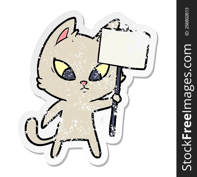 Distressed Sticker Of A Confused Cartoon Cat With Protest Sign
