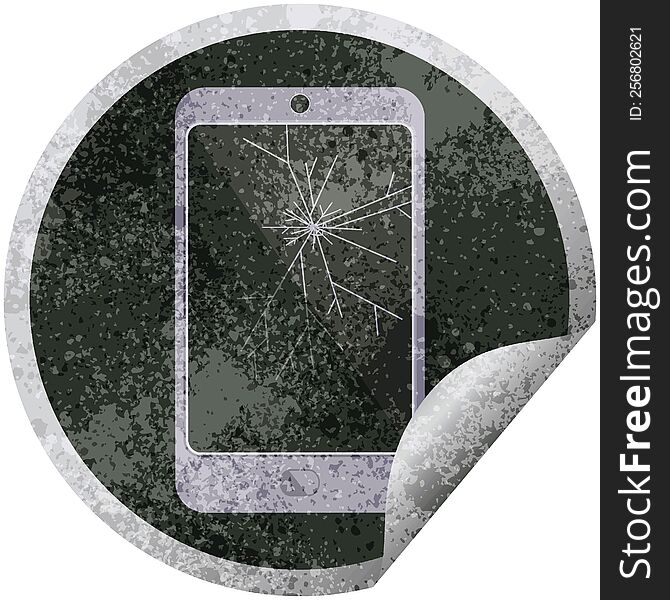cracked screen cell phone graphic vector illustration circular sticker. cracked screen cell phone graphic vector illustration circular sticker