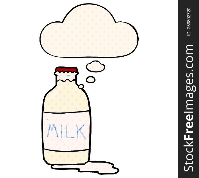 cartoon milk bottle and thought bubble in comic book style