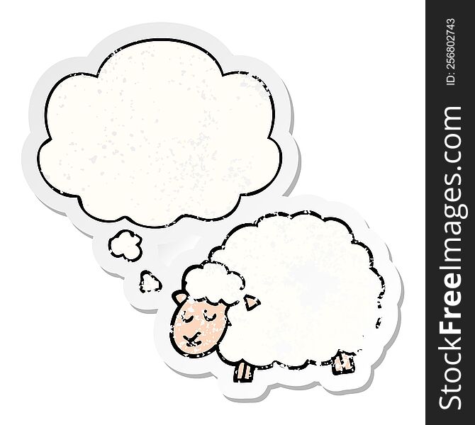 cartoon sheep with thought bubble as a distressed worn sticker