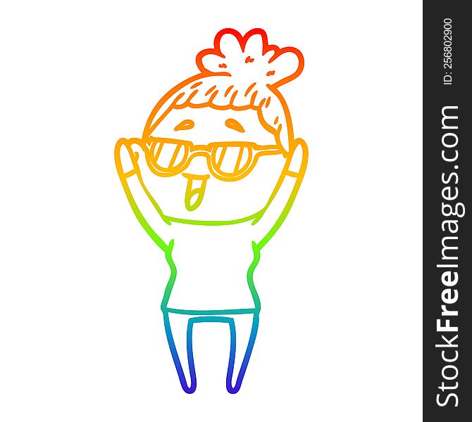 rainbow gradient line drawing of a cartoon happy woman wearing spectacles