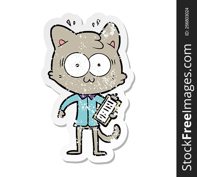 Distressed Sticker Of A Cartoon Surprised Office Worker Cat