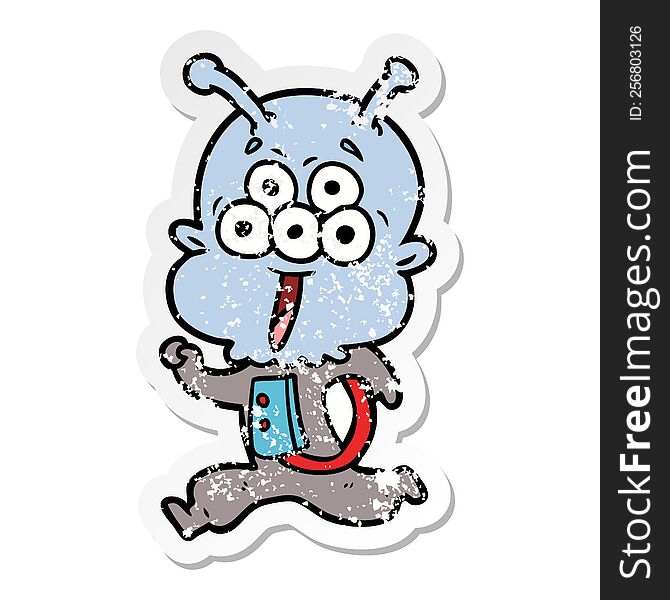 Distressed Sticker Of A Happy Cartoon Alien Running