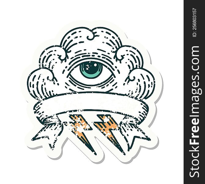 grunge sticker with banner of an all seeing eye cloud