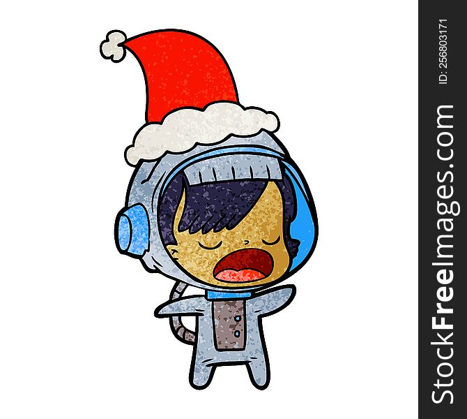 Textured Cartoon Of A Talking Astronaut Woman Wearing Santa Hat