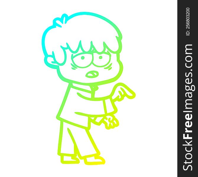 cold gradient line drawing of a cartoon exhausted boy