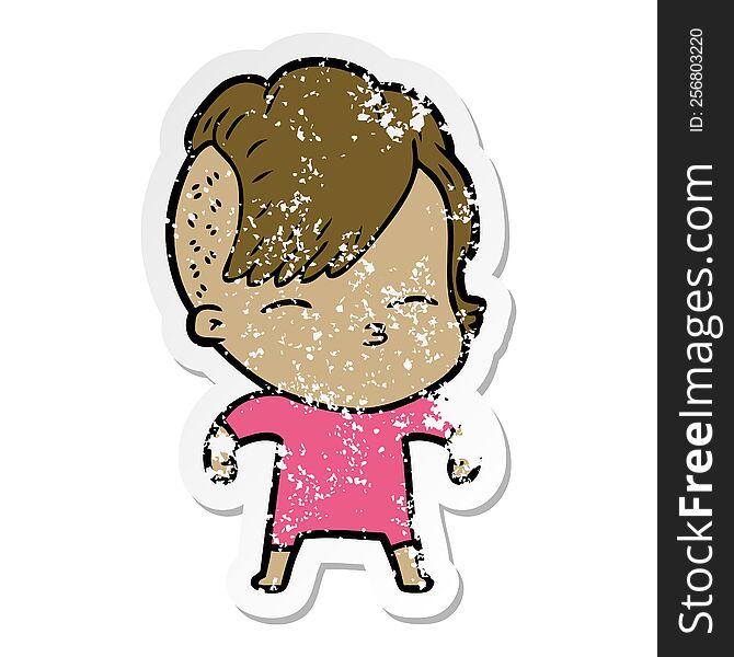 Distressed Sticker Of A Cartoon Squinting Girl