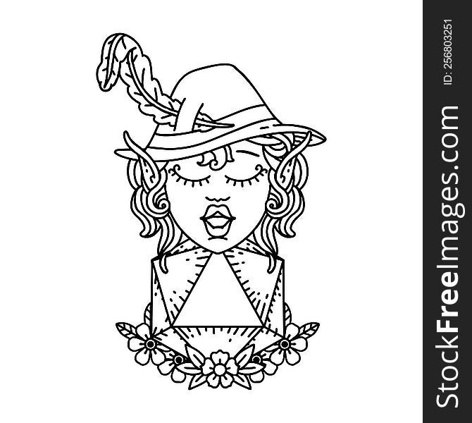 Black and White Tattoo linework Style elf bard character with natural twenty dice roll. Black and White Tattoo linework Style elf bard character with natural twenty dice roll