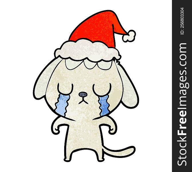 Cute Textured Cartoon Of A Dog Crying Wearing Santa Hat