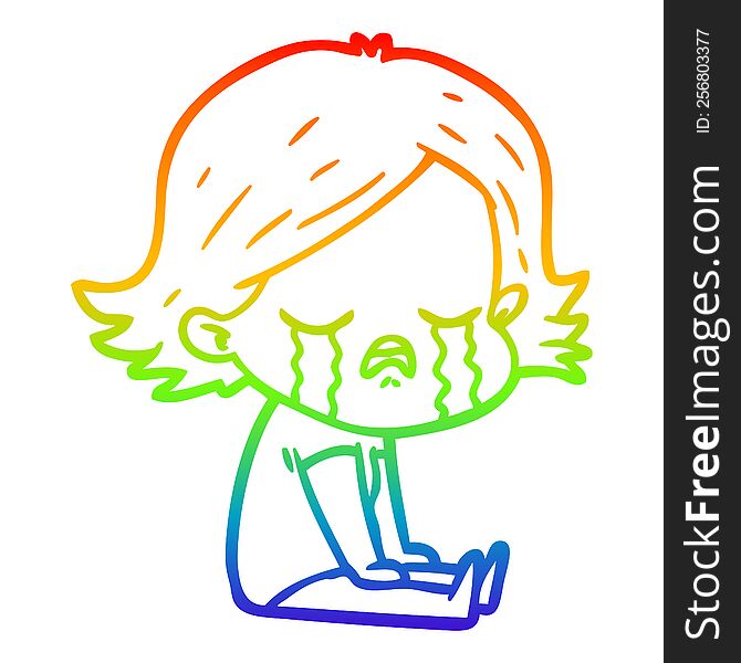 rainbow gradient line drawing of a cartoon girl crying sat on floor