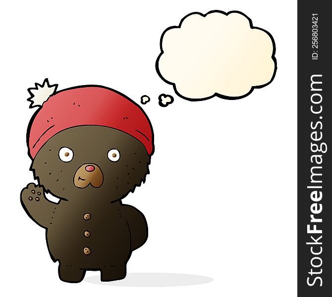 cartoon waving black teddy bear in winter hat with thought bubble