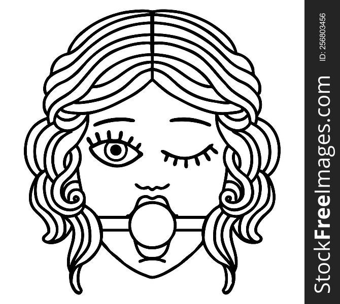 tattoo in black line style of a winking female face wearing ball gag. tattoo in black line style of a winking female face wearing ball gag
