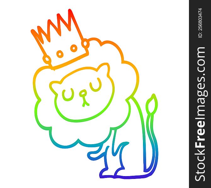 rainbow gradient line drawing of a cartoon lion with crown
