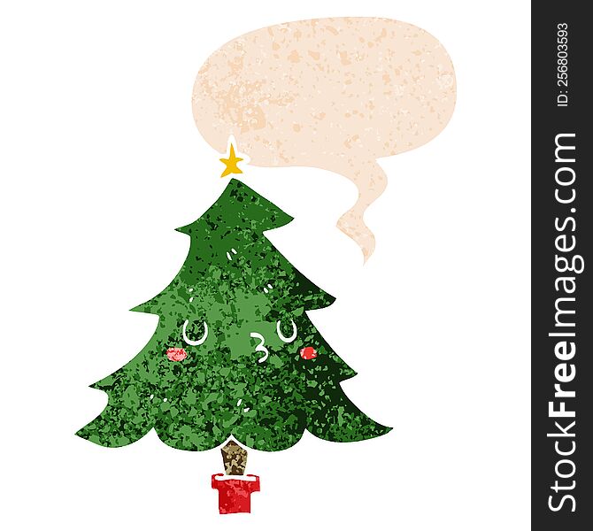 cute cartoon christmas tree with speech bubble in grunge distressed retro textured style. cute cartoon christmas tree with speech bubble in grunge distressed retro textured style