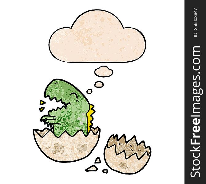 Cartoon Dinosaur Hatching And Thought Bubble In Grunge Texture Pattern Style