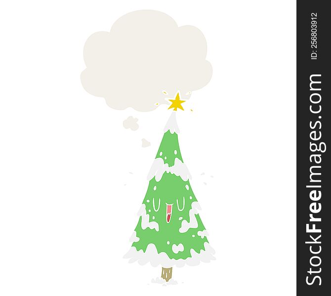 Cartoon Christmas Tree And Thought Bubble In Retro Style