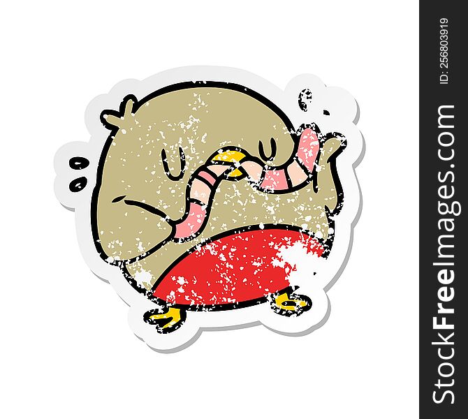 Distressed Sticker Of A Cartoon Robin With Worm