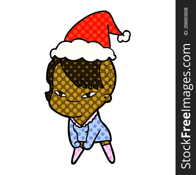 Cute Comic Book Style Illustration Of A Girl With Hipster Haircut Wearing Santa Hat