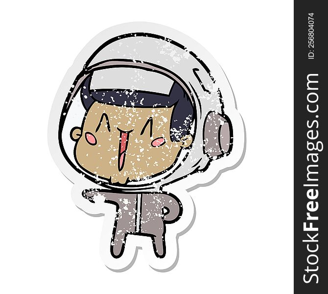 Distressed Sticker Of A Happy Cartoon Astronaut Pointing