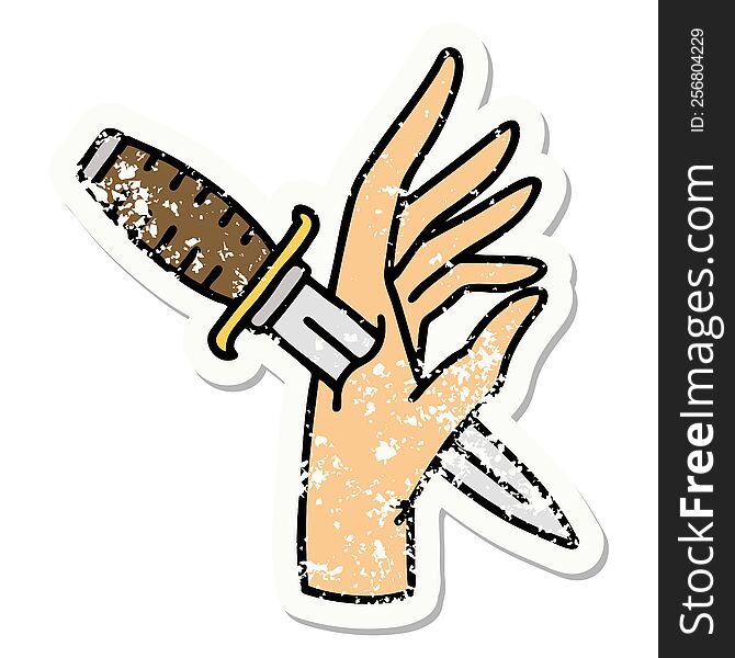 distressed sticker tattoo in traditional style of a dagger in the hand. distressed sticker tattoo in traditional style of a dagger in the hand