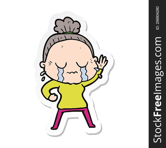 sticker of a cartoon old woman crying and waving