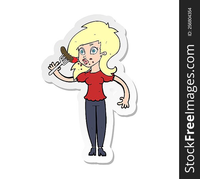 sticker of a cartoon woman eating hotdog