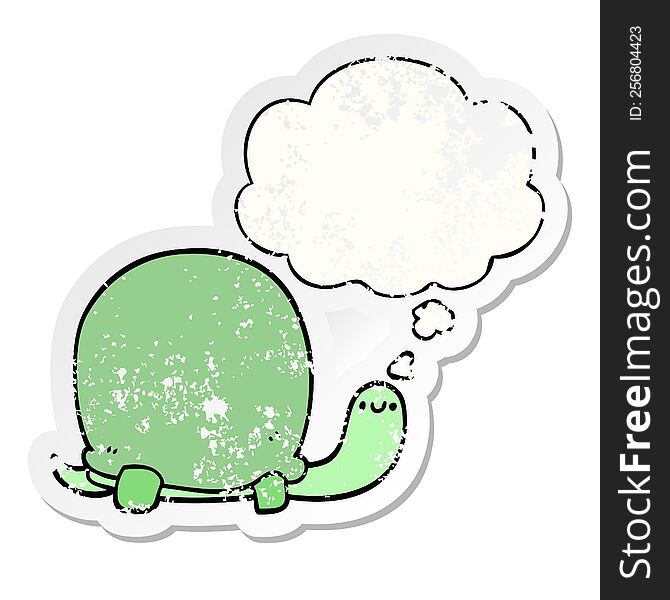 cute cartoon tortoise with thought bubble as a distressed worn sticker