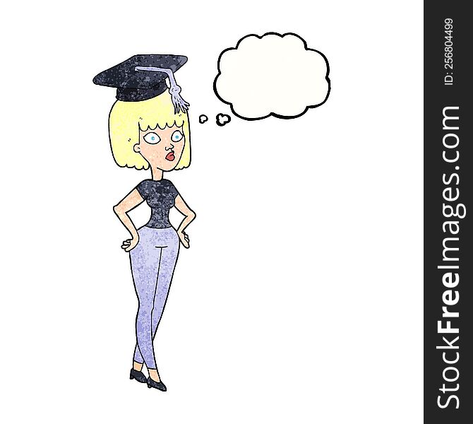 freehand drawn thought bubble textured cartoon woman with graduation cap