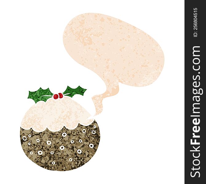 Cartoon Christmas Pudding And Speech Bubble In Retro Textured Style