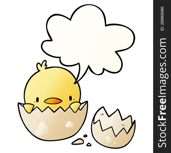 cute cartoon chick hatching from egg with speech bubble in smooth gradient style
