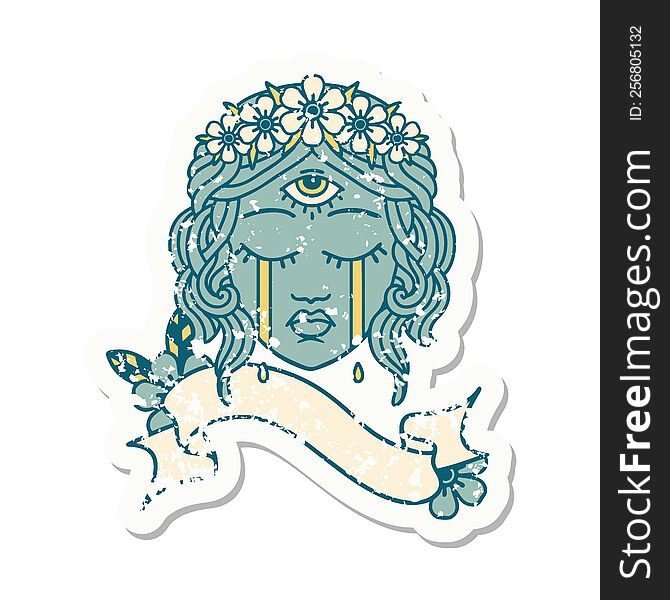 Grunge Sticker With Banner Of Female Face With Third Eye Crying