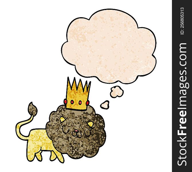 cartoon lion with crown with thought bubble in grunge texture style. cartoon lion with crown with thought bubble in grunge texture style