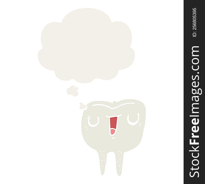 cartoon happy tooth with thought bubble in retro style
