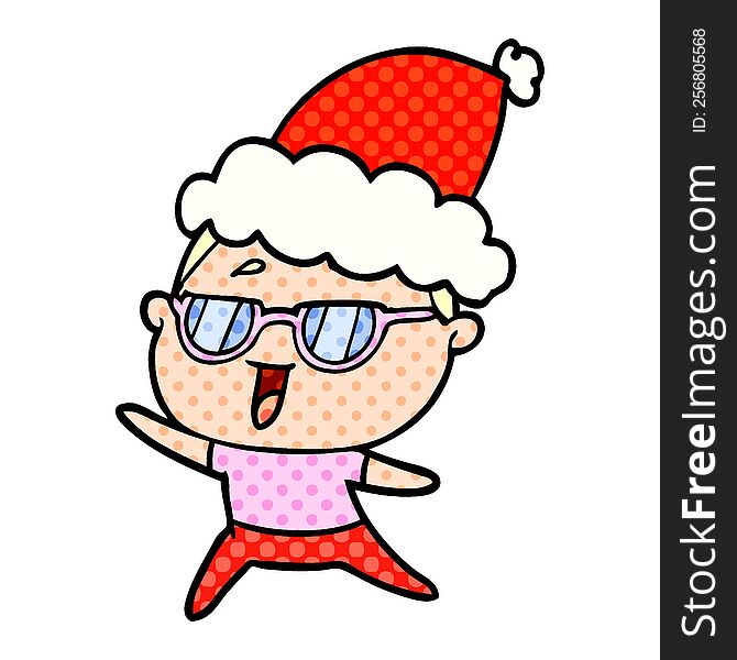 Comic Book Style Illustration Of A Happy Woman Wearing Spectacles Wearing Santa Hat