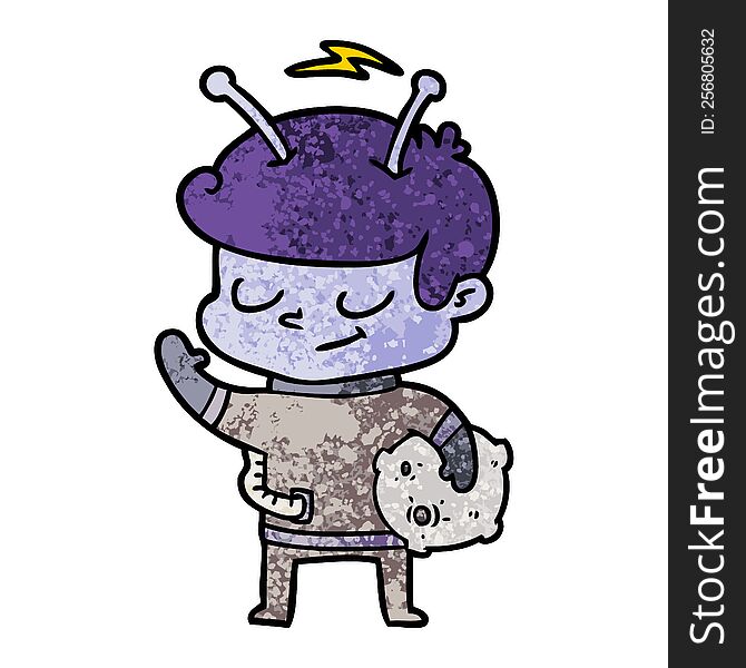 friendly cartoon spaceman holding meteor. friendly cartoon spaceman holding meteor