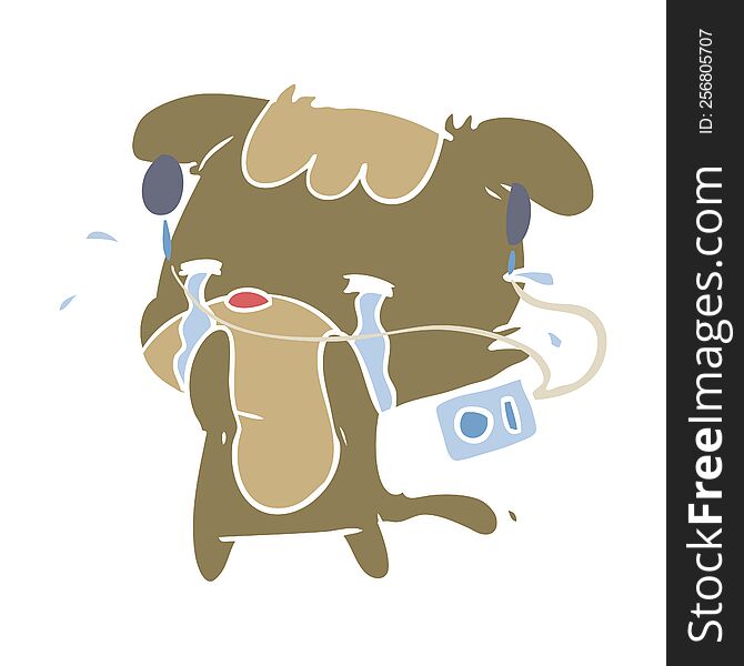 Flat Color Style Cartoon Sad Dog Crying Listening To Music