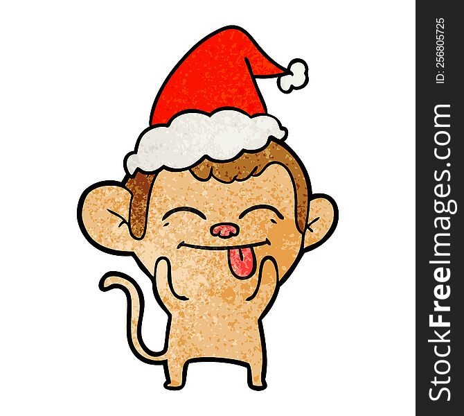 funny hand drawn textured cartoon of a monkey wearing santa hat. funny hand drawn textured cartoon of a monkey wearing santa hat