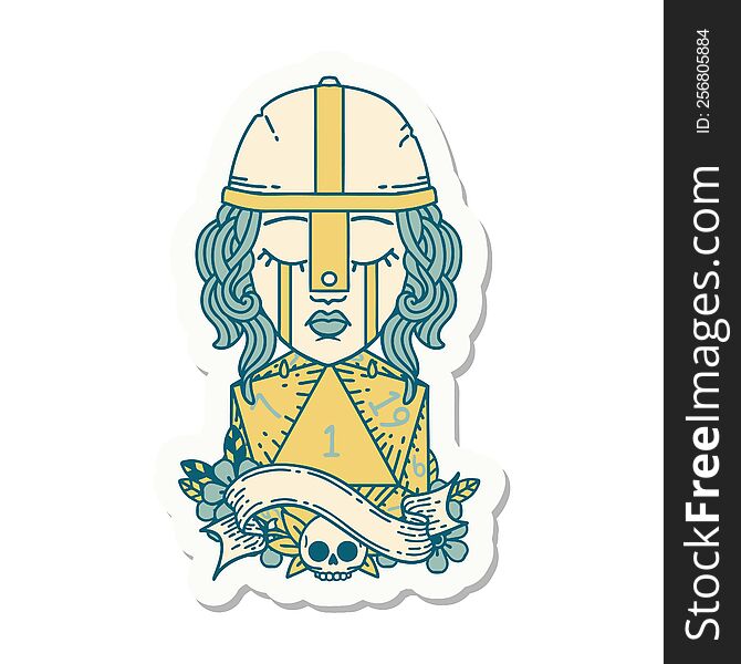 Crying Human Fighter With Natural One D20 Dice Roll Sticker