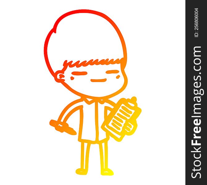 Warm Gradient Line Drawing Cartoon Smug Boy With Clip Board