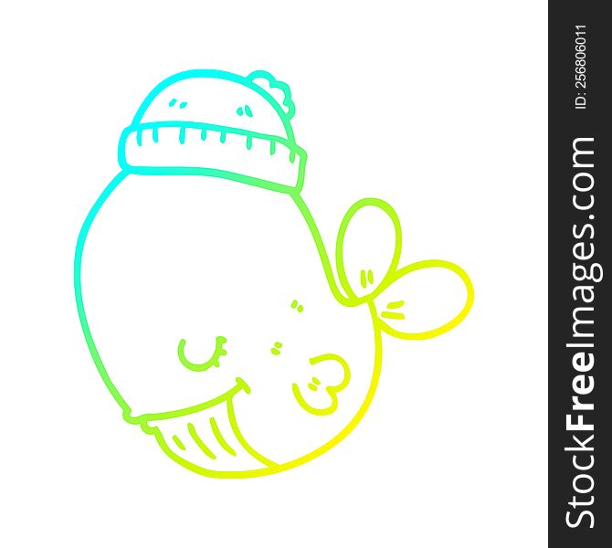 cold gradient line drawing of a cartoon whale wearing hat