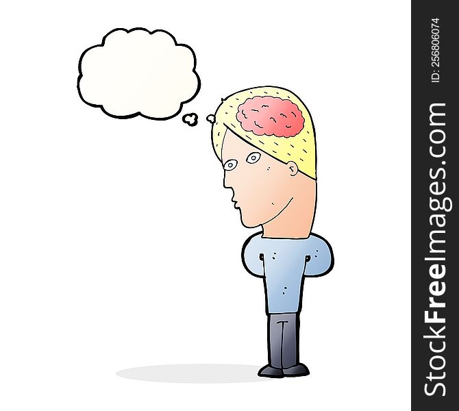 Cartoon Man With Big Brain With Thought Bubble