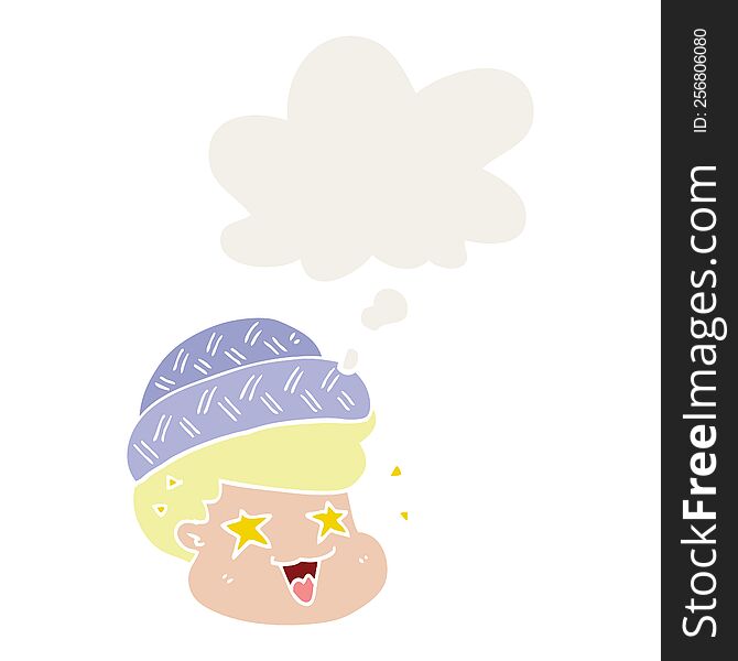 cartoon boy wearing hat with thought bubble in retro style