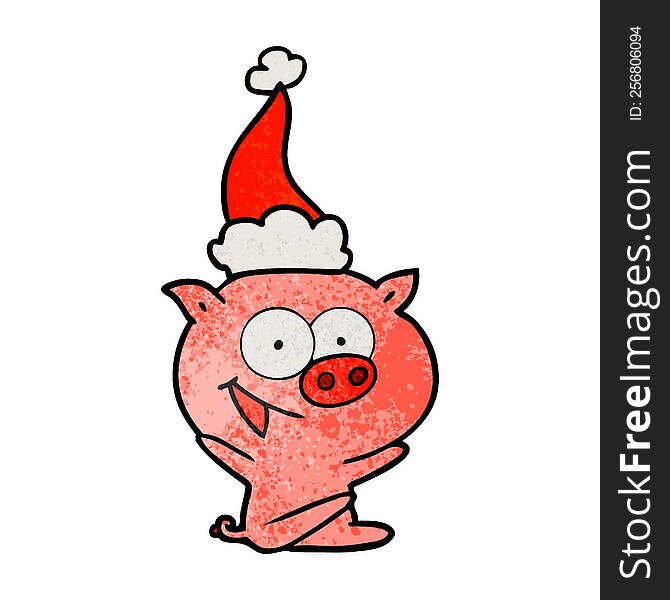 cheerful sitting pig hand drawn textured cartoon of a wearing santa hat. cheerful sitting pig hand drawn textured cartoon of a wearing santa hat