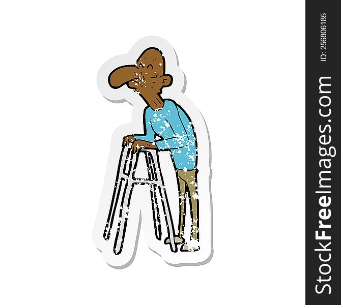 retro distressed sticker of a cartoon old man with walking frame