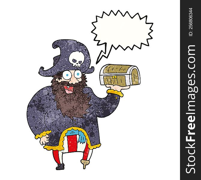 Speech Bubble Textured Cartoon Pirate Captain With Treasure Chest