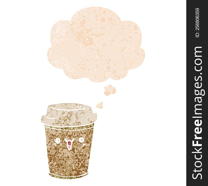cartoon take out coffee with thought bubble in grunge distressed retro textured style. cartoon take out coffee with thought bubble in grunge distressed retro textured style