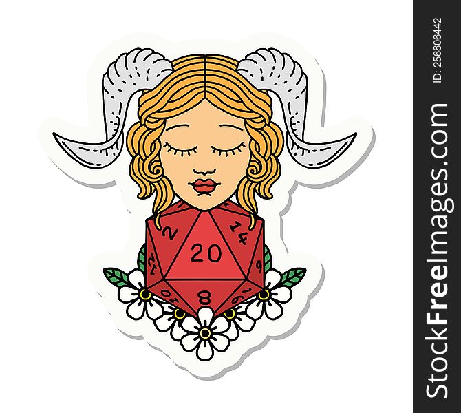 sticker of a tiefling with natural 20 D20 dice roll. sticker of a tiefling with natural 20 D20 dice roll